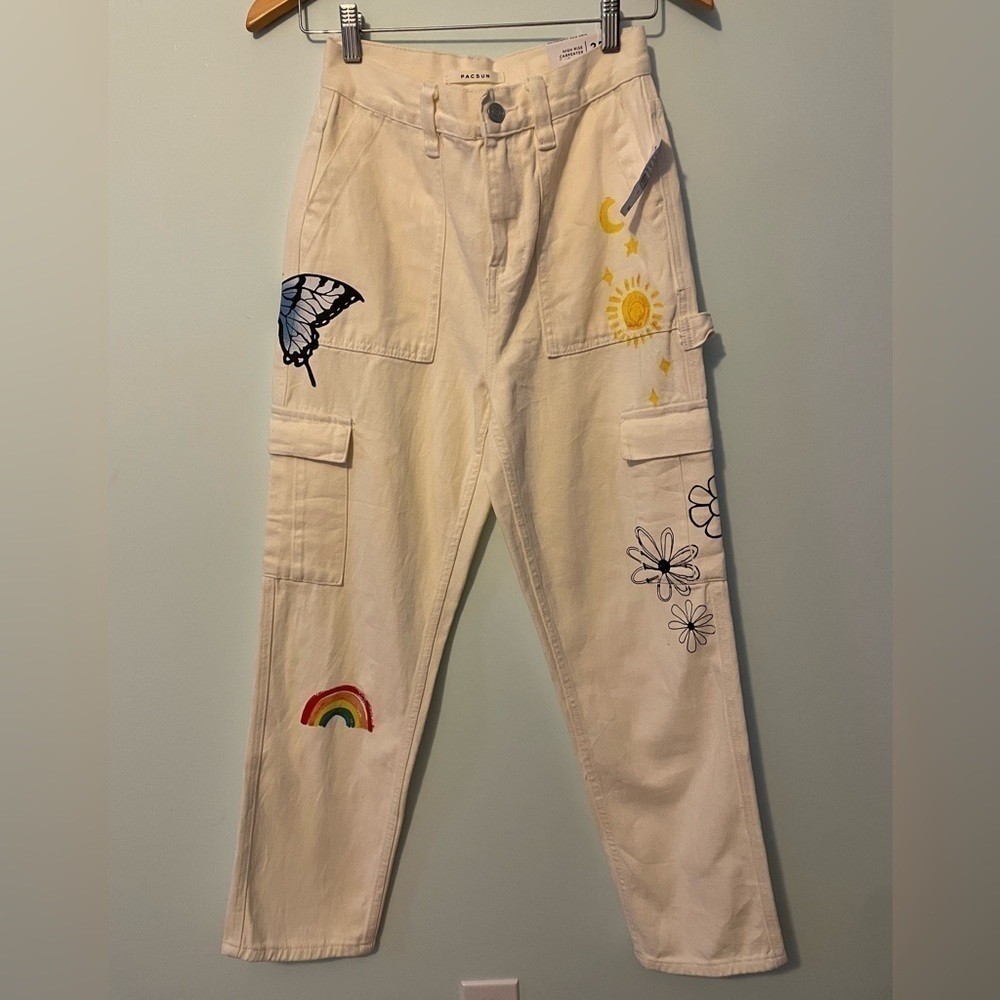 Pacsun Graphic Skate Cargo Sketchbook Trousers In Off White Size 25 - Picture 2 of 13